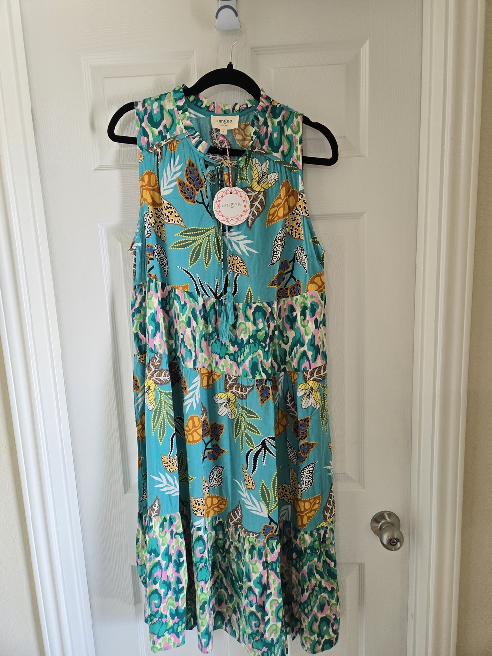 Umgee Turquoise Floral Tiered Maxi Dress with Mustard Accents